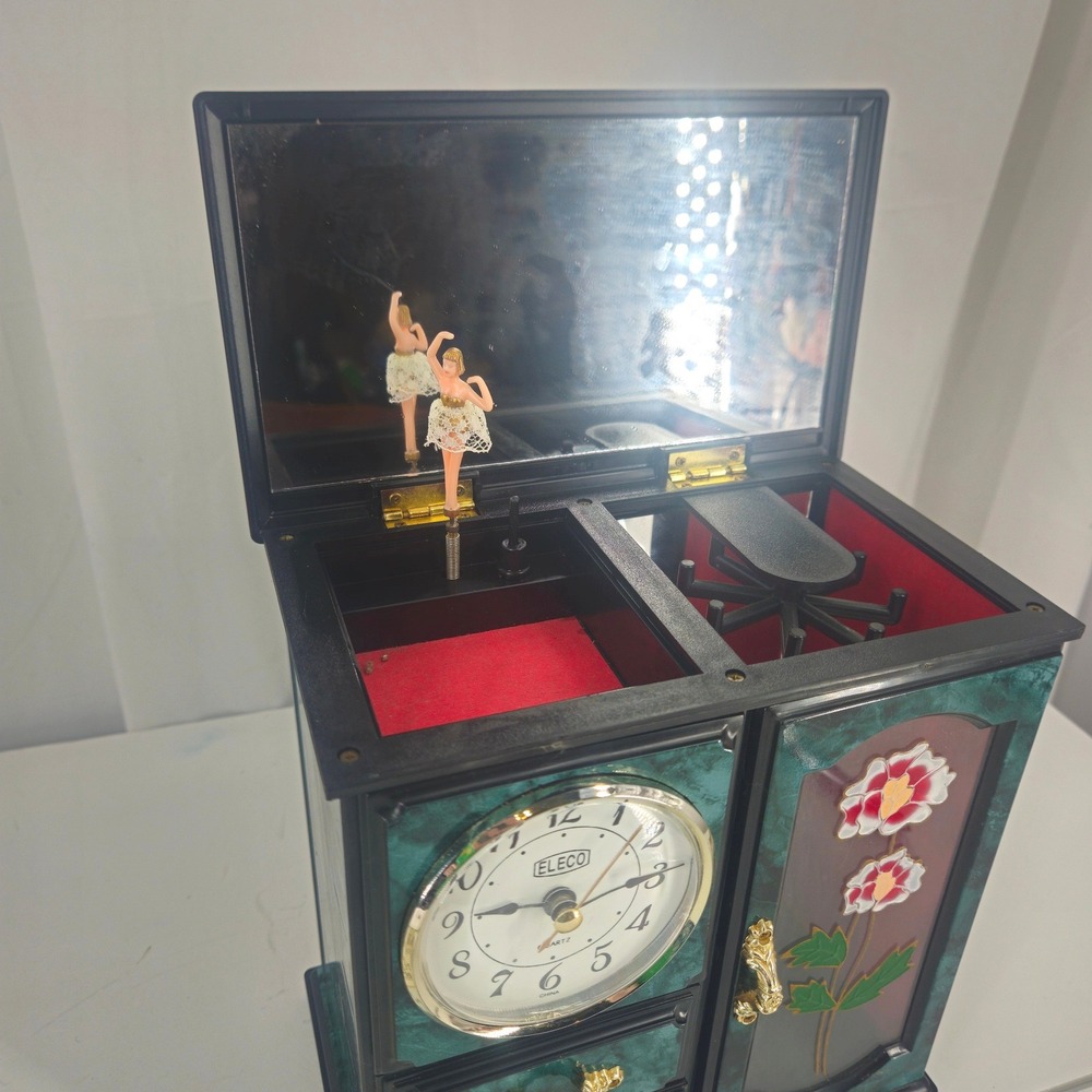 Vintage Eleco Musical Jewelry Box Quartz Clock Dancing Ballerina Floral Green - Picture 4 of 16